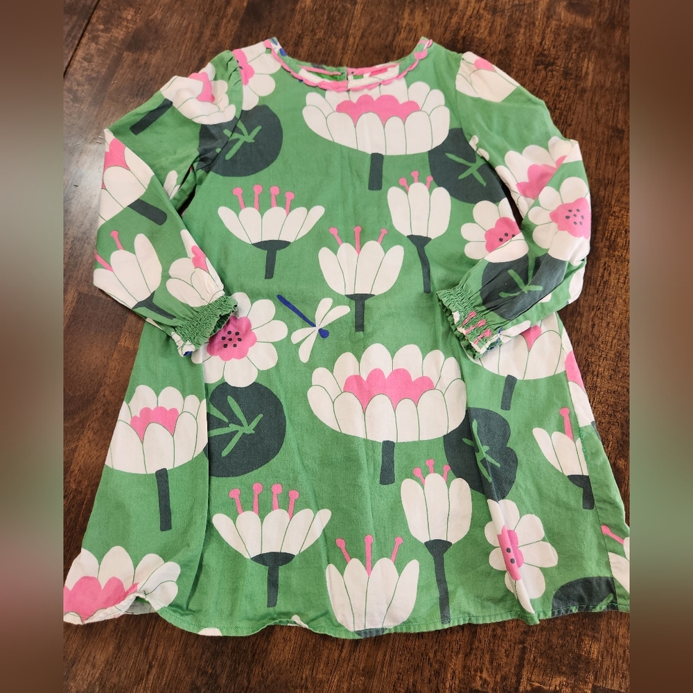 Mini Boden Girls Floral Green and Pink Dress, Size 5-6, 100%cotton